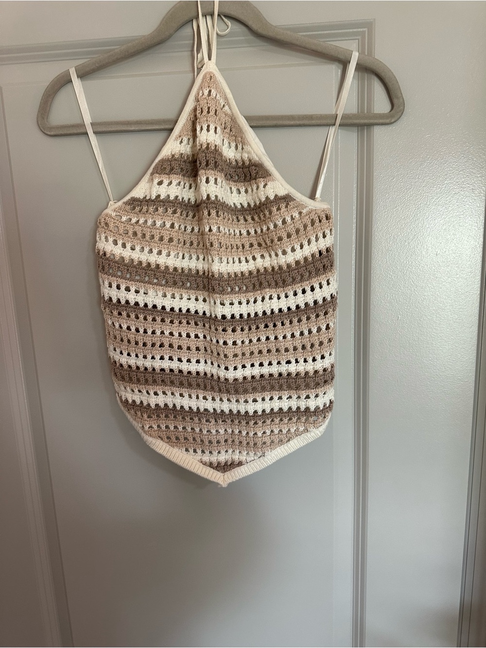 Abercrombie & Fitch Cream and Brown Striped Crochet Halter Sweater Tank